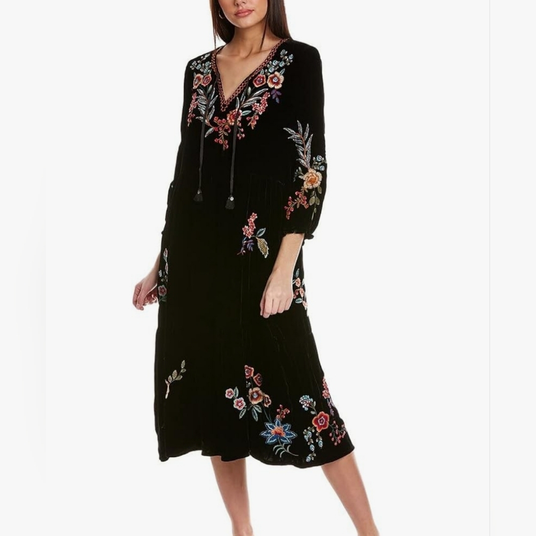 Johnny Was Ardell Silk Velvet $490 Boho Midi Dress Small